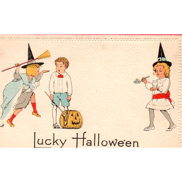 Halloween Postcard Children Girls Witch Hat JOL Pumpkin Broom Nash 8A Unposted